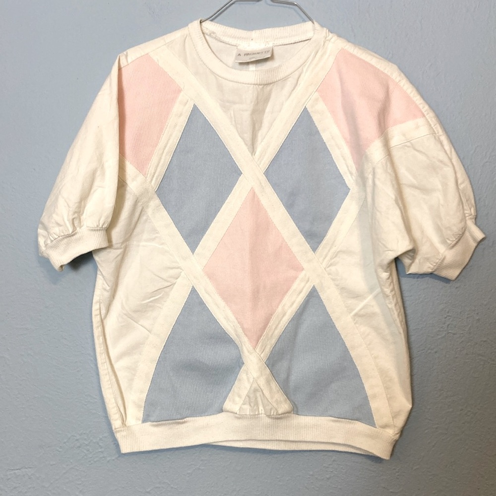 Vintage A Paquette Womens Sz S Blue Pink Patchwork Front Short Sleeve White Tee